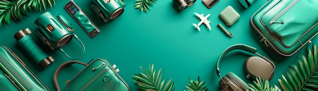 Photo tropical summer vacation concept with luggage and travel accessories on green background