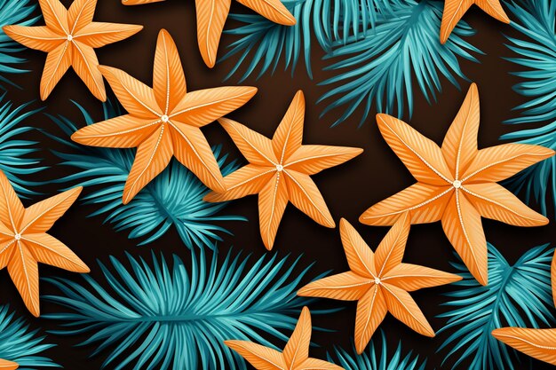 Тропический летний акварельный фон с ветвями пальмовых деревьев и морскими звездами