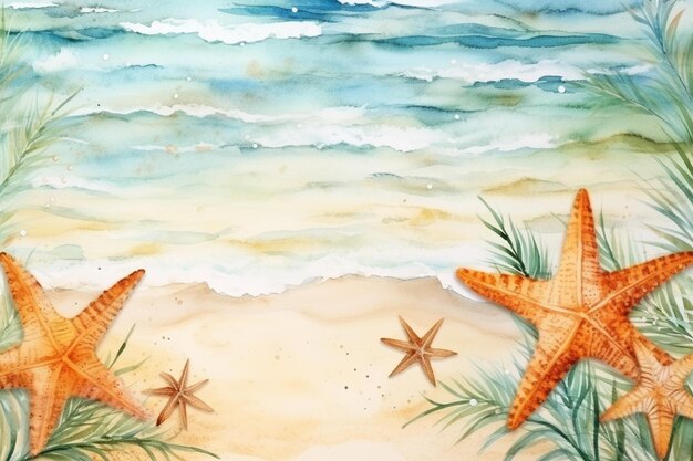 Photo tropical summer watercolor background with palm trees branches and starfish