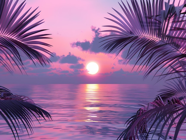 Tropical sunset on the beach with palm trees 3d render