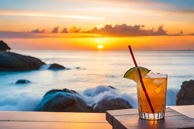 a tropical sunset is seen on a balcony overlooking the ocean.