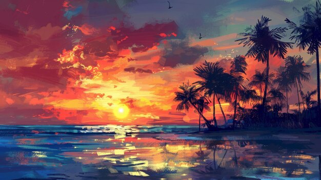 Foto pittura di tramonto tropicale con palme