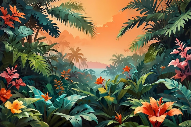 Tropical Sunset Paradise With Palm Trees And Flowers for Summer Background