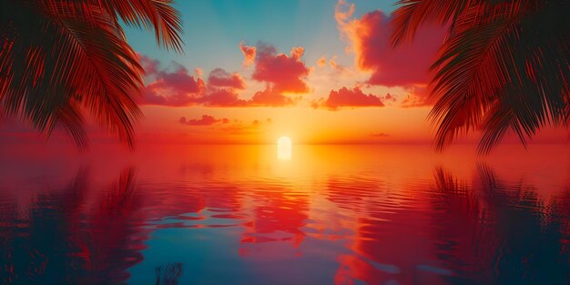 Photo tropical sunset setting with vibrant retro vibes and palm tree silhouettes concept tropical sunset vibrant retro vibes palm tree silhouettes outdoor photoshoot