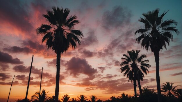 パーム の 樹木 に 囲まれ た 熱帯 の 夕暮れ の 空