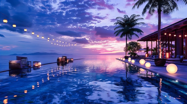 Tropical Sunset Unfolds Over a Serene Beach Casting Silhouettes of Palm Trees Against a Vivid Sky Embracing the Evening Calm