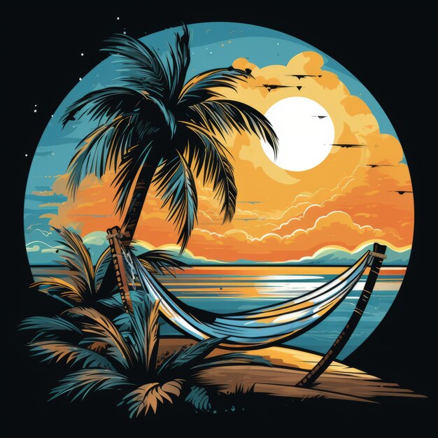 a tropical sunset with a hammock and palm trees