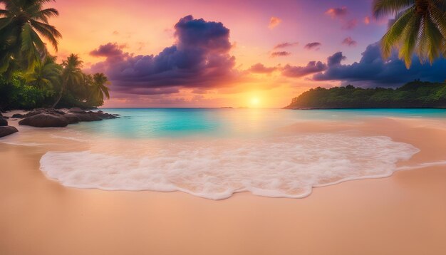 a tropical sunset with a palm tree on the beach