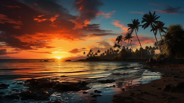 Tropical sunset with palm tree silhouette panorama