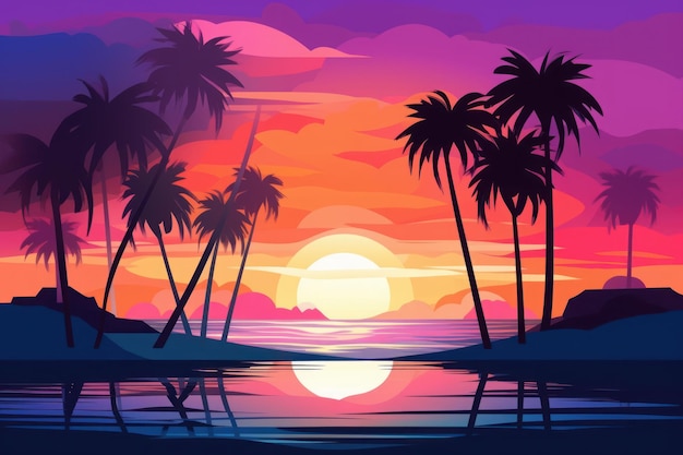 A tropical sunset with palm trees on the beach.