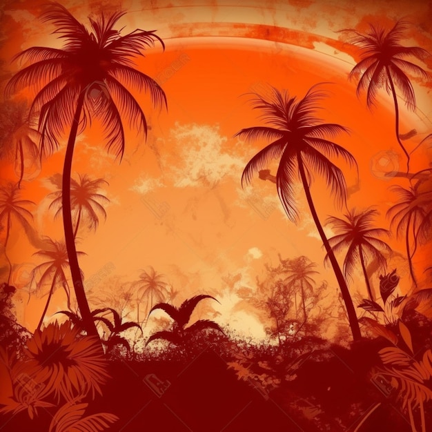 A tropical sunset with palm trees on a red background.