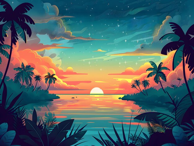 Tropical sunset with palm trees and sea Vector illustration