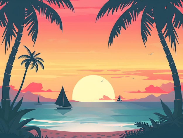 Tropical sunset with palm trees and sea Vector illustration