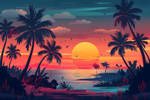 Tropical sunset with palm trees and sea Vector illustration