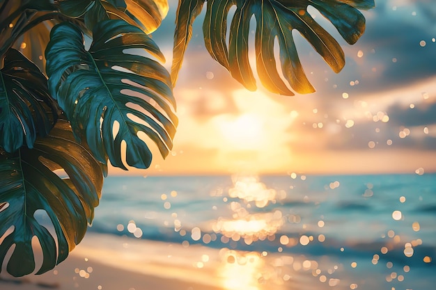 a tropical sunset with palm trees and the sun behind them