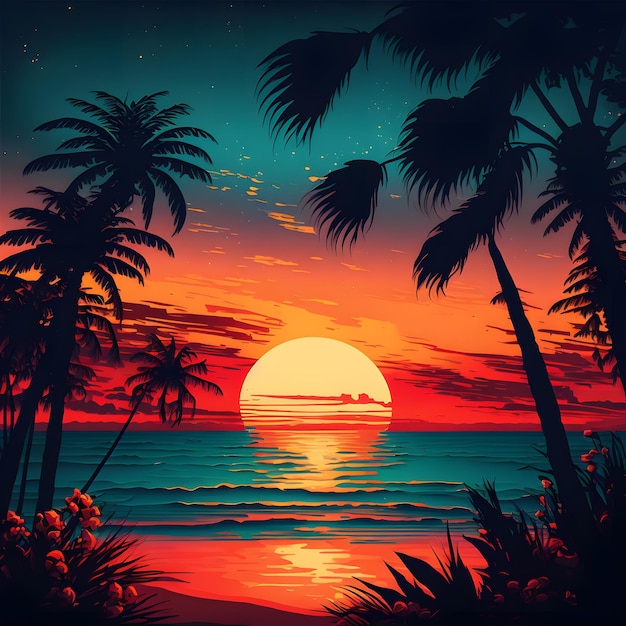 A tropical sunset with palm trees and the sun