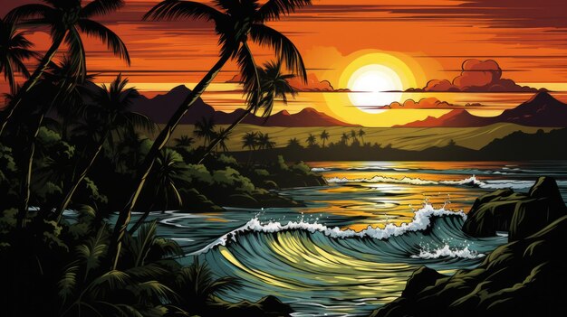 Tropical sunset with waves and palm trees ai