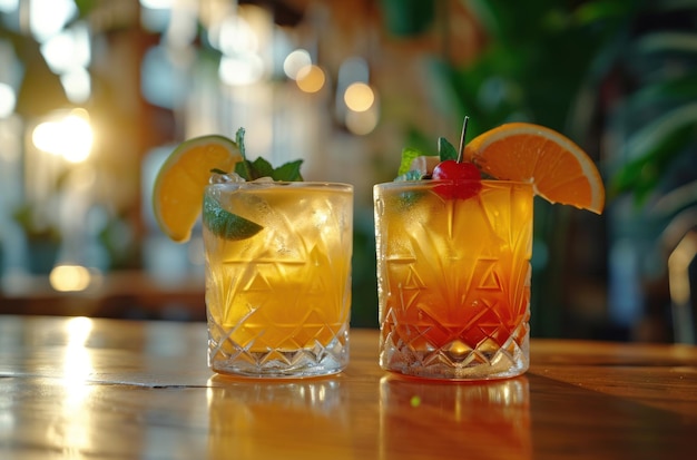 tropical sweet cocktails on wooden table