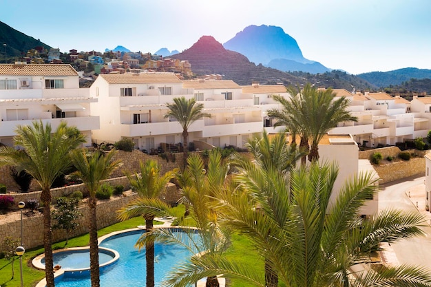 Tropical swimming pool mountains and palms background