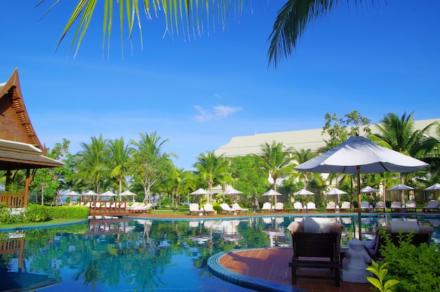 Piscina tropicale con albero di cocco e ombrellone bianco