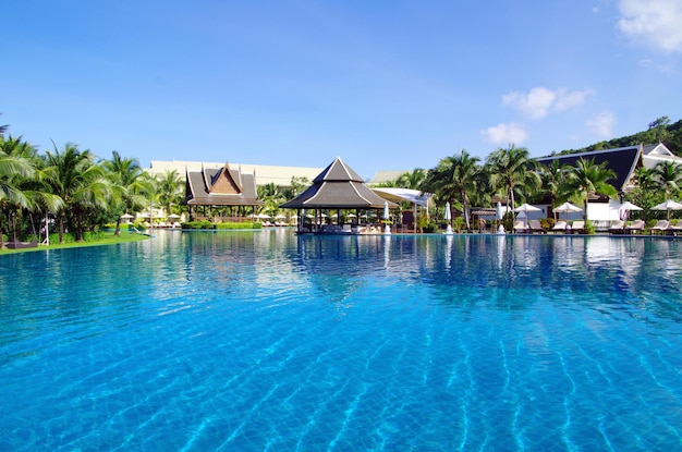 Tropical swimming pool with coconut tree and white umbrella