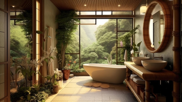일본 디자인의 열대 테마 욕실