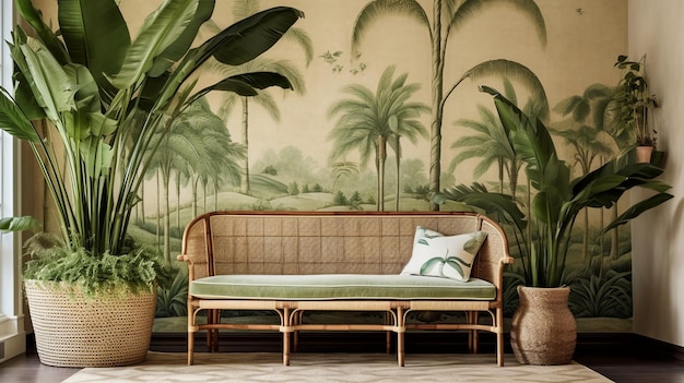 A tropical themed hall with palm leaf wallpaper