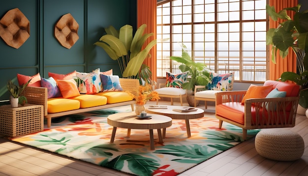 Premium Photo  A tropical themed living room with palm leaf