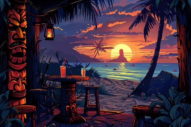Foto scena di un tiki bar tropicale al tramonto con vista sull'oceano