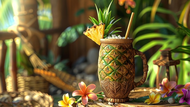 Tropical Tiki Cocktail Setup on Garden Patio