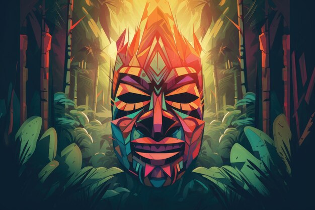 Tropical Tiki Mask illustration Mystical Symbol of the Enigmatic Lost Tribe in the Jungle