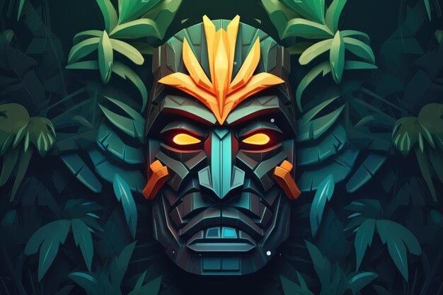 Тропическая маска тики мистический символ загадочного затерянного племени в джунглях Генеративный Ай