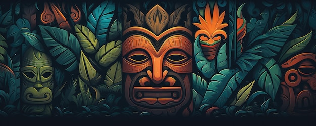 Tropical tiki mask mystical symbol of the enigmatic lost tribe in the jungle panorama Generative Ai