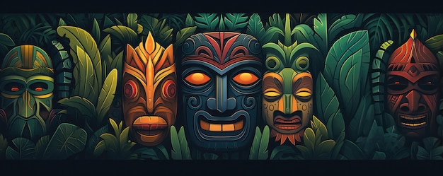 Tropical tiki mask mystical symbol of the enigmatic lost tribe in the jungle panorama Generative Ai