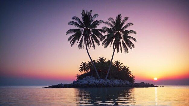 Tropical tiny desert island in the middle of the ocean with two palm trees against the backdrop