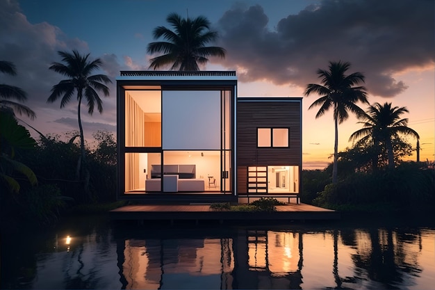 A tropical tiny modular house with a waterscape