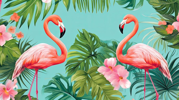 Foto tropical tranquility wallpaper pattern con foglie esotiche e graziosi uccelli flamingo sullo sfondo