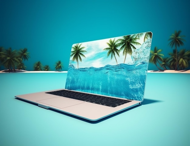 열대 여행 컴퓨터 휴가 여름 해변 개념 노트북 나무 손바닥 생성 AI