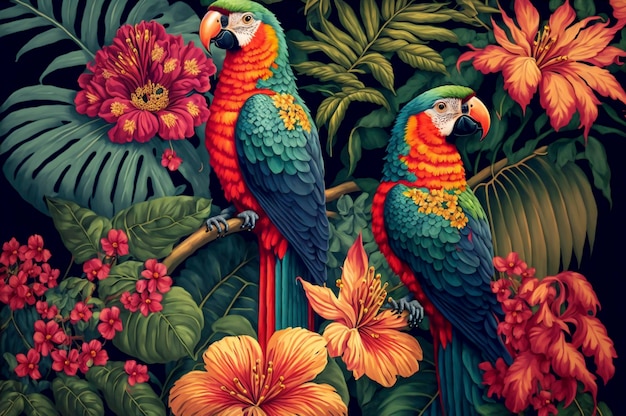 Tropical tree pattern with tropical plants and parrots Flowers of hibiscus blooming ginger strelitzia and Orchid protea palm leaves Created with Generative AI technology