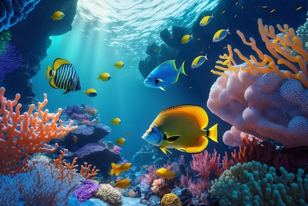 Tropical underwater fish in coral reefs Underwater panorama generative ai