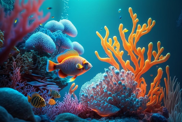 Tropical underwater fish in coral reefs Underwater panorama generative ai