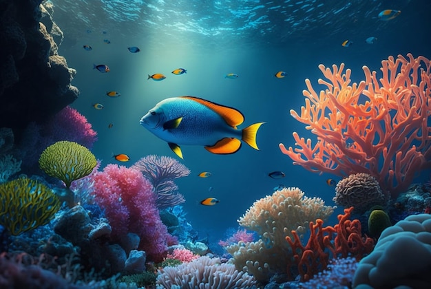 Tropical underwater fish in coral reefs Underwater panorama generative ai