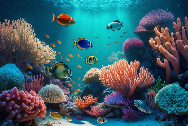 Tropical underwater fish in coral reefs Underwater panorama generative ai