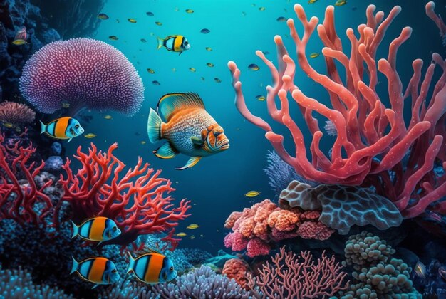 Tropical underwater fish in coral reefs Underwater panorama generative ai