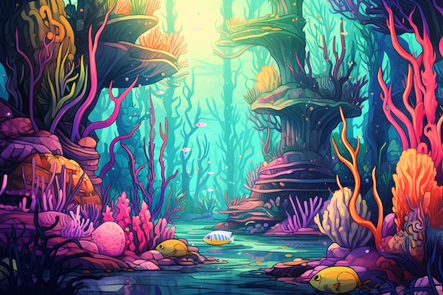 a tropical underwater scene with coral reefs tropical fish and seashells