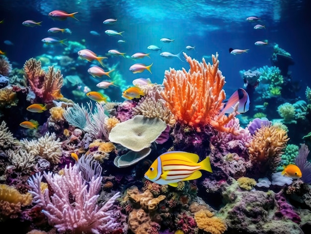 Tropical underwater sea life at bright and colorful Coral reef landscape
