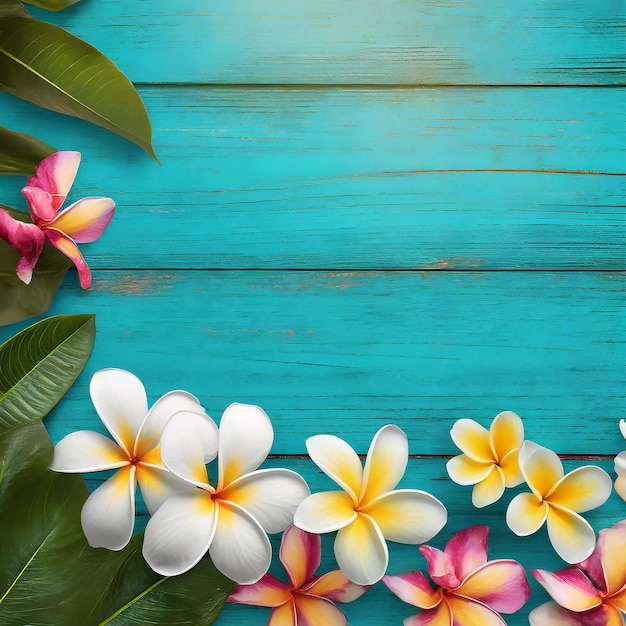 Tropical Vibes Plumeria Flowers on Blue Wood Background Social Media Template with Empty Space