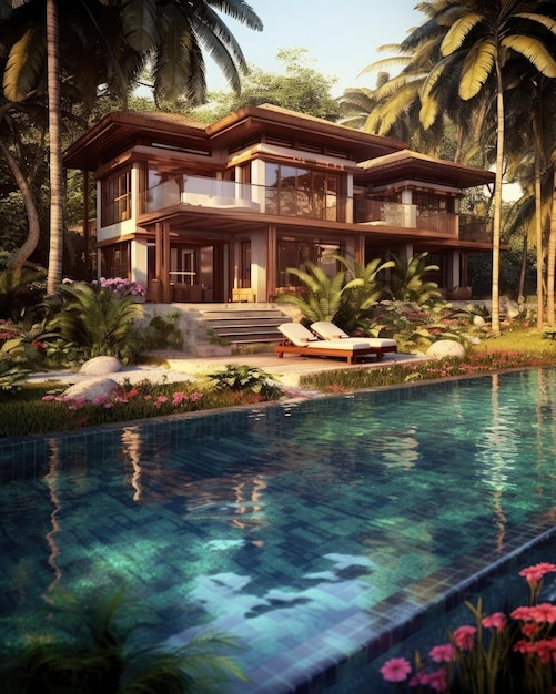 Tropical villa resort with luxury home and pool Generative AI