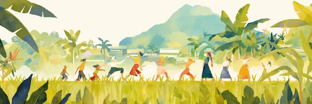 Photo tropical village life scene with children playing and people dancing in lush greenery