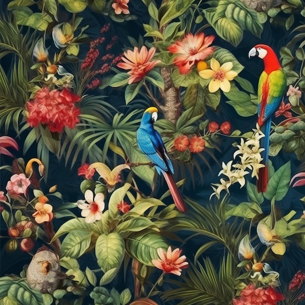 꽃과 새 모형, 티셔츠 및 재료로 인쇄된 열대 빈티지 정원 패턴